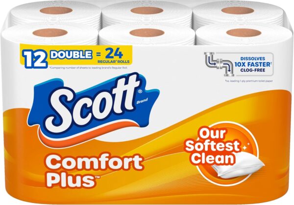 Comfortplus Toilet Paper, 12 Double Rolls, 231 Sheets per Roll, Septic-Safe, 1-Ply Toilet Tissue